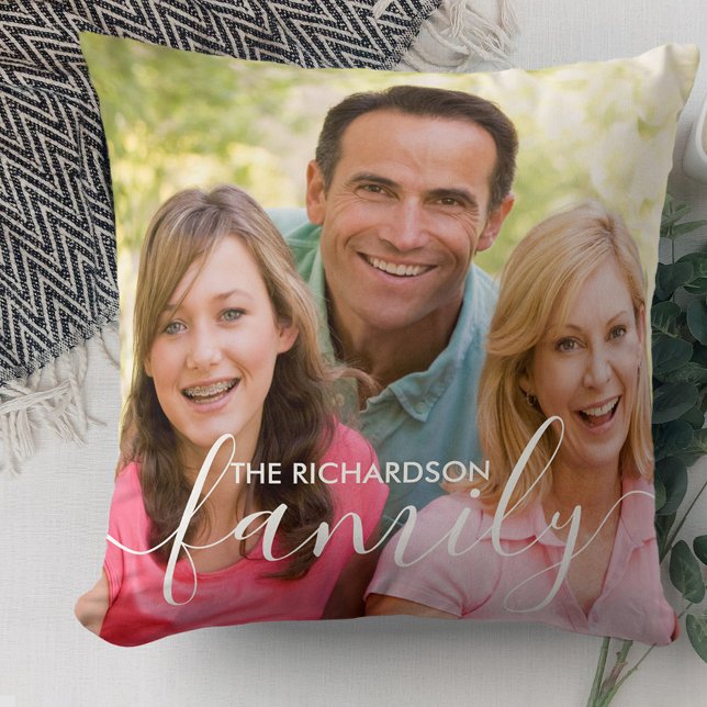 Personalised Family White Script Overlay 2 Photo Cushion (Creator Uploaded)
