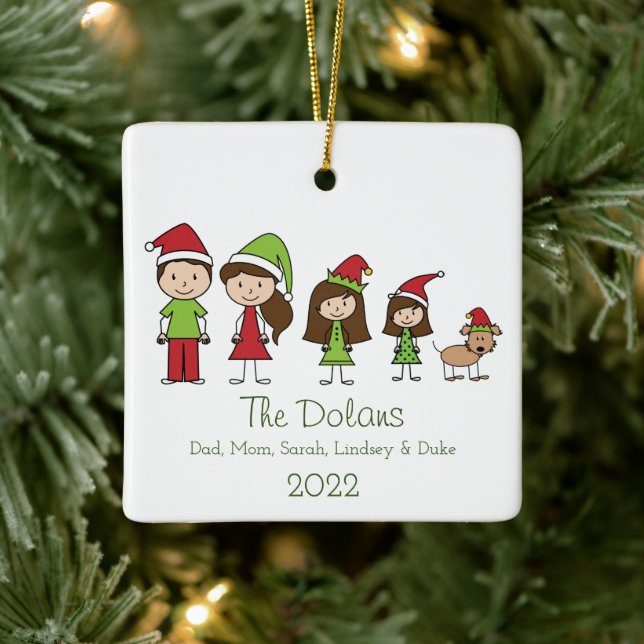 Personalised Family with Dog Cute Christmas Ceramic Ornament (Tree)