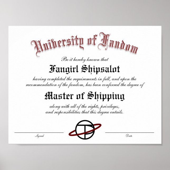 Personalised Fandom Diploma Poster (Front)
