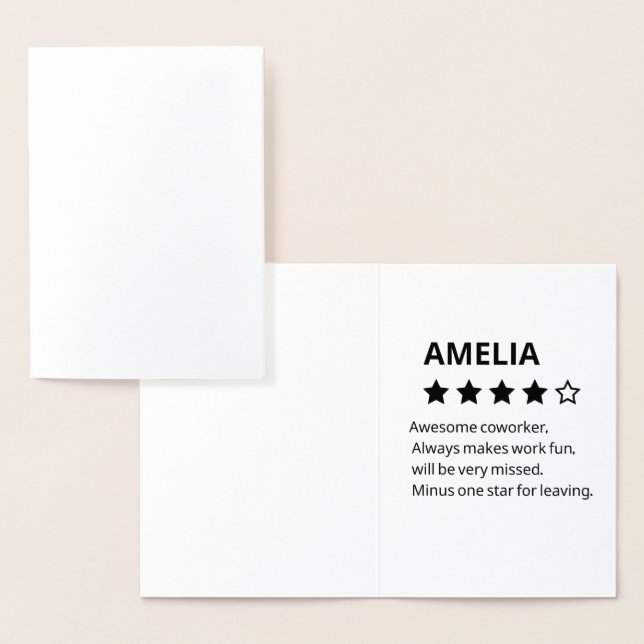 Personalised Farewell Gift – Funny 4-Star Coworker Foil Card (Display)