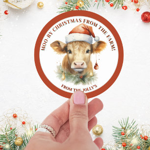 Personalised Farm Theme Cow Christmas Classic Round Sticker