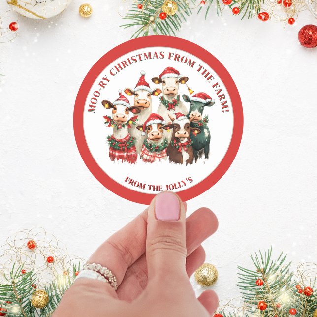 Personalised Farm Theme Festive Cows Christmas Classic Round Sticker (Creator Uploaded)