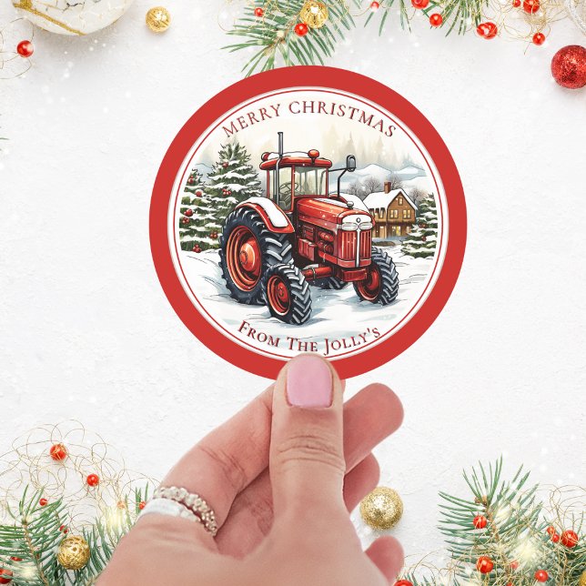 Personalised Farm Tractor Christmas Classic Round Sticker (Creator Uploaded)