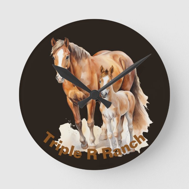 Personalised Farmhouse Horse & Baby. Horse Lovers Round Clock (Front)