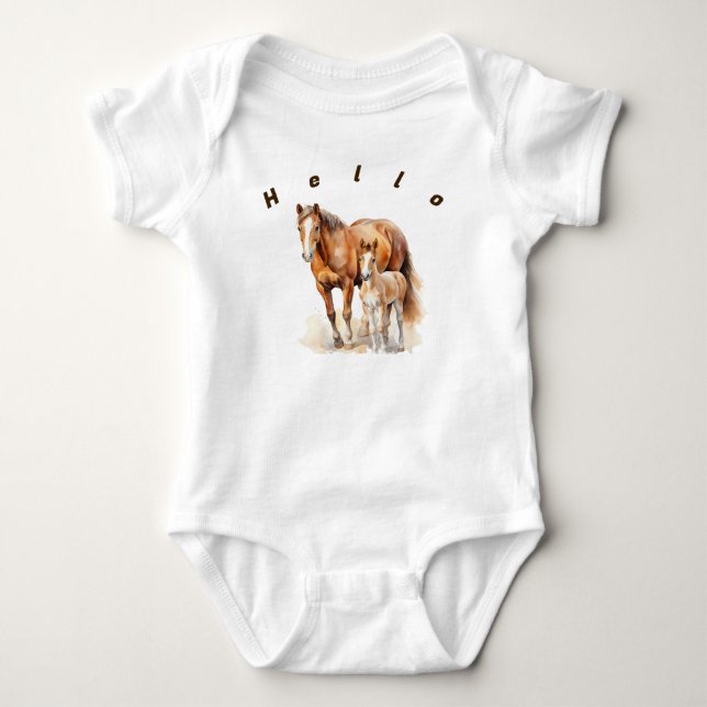 Personalised Farmhouse Mama and Baby Horses. Horse Bodysuit (Front)