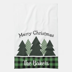 Personalised Farmhouse Plaid Christmas Tree Tea Towel