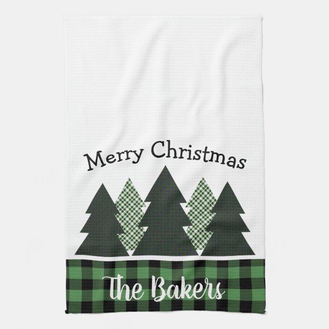 Personalised Farmhouse Plaid Christmas Tree Tea Towel (Vertical)