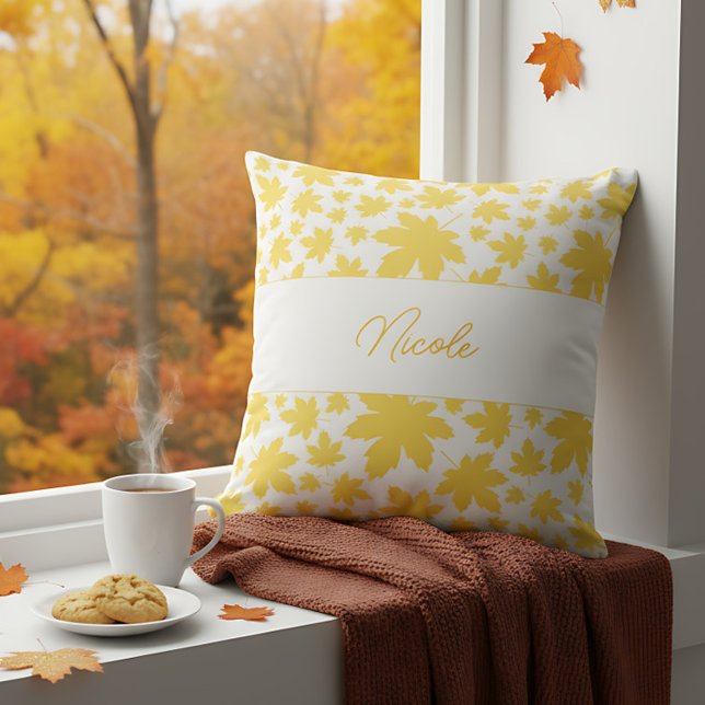 Personalised Farmhouse Yellow Fall Leaves Cushion (Personalized pillow with yellow leaves and name brings charm to a cozy autumn space.)