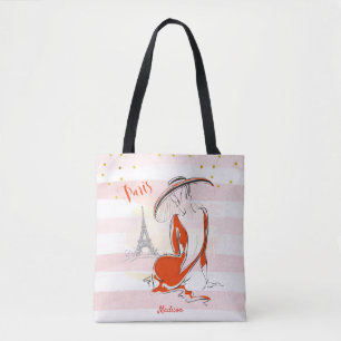 Personalised Fashion Girl Pink Paris Sketch Tote Bag