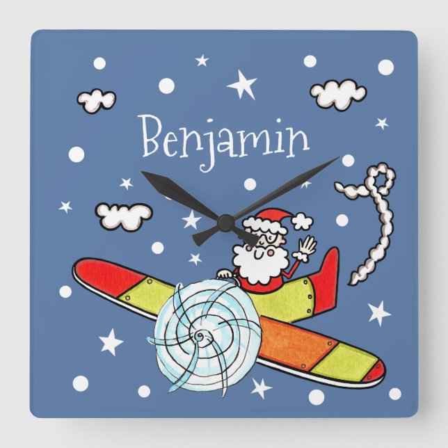 Personalised Father Christmas Santa Claus Aeroplan Square Wall Clock (Front)