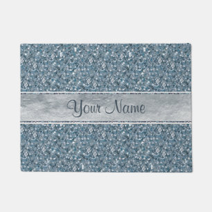 Personalised Faux Blue Sequins Glitter Silver Foil Doormat
