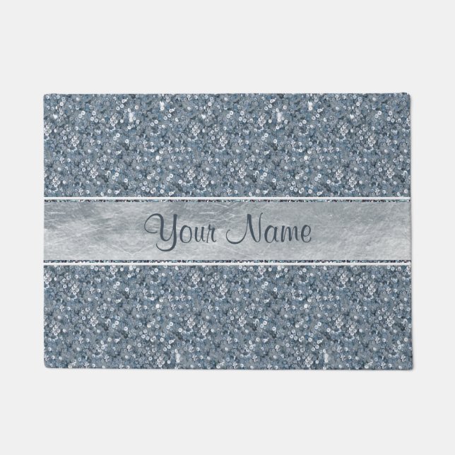 Personalised Faux Blue Sequins Glitter Silver Foil Doormat (Front)