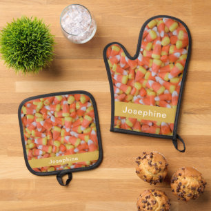 Personalised Faux Candy Corn Pattern Oven Mitt & Pot Holder Set