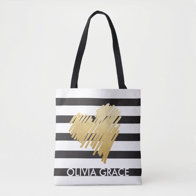 Personalised Faux Gold Heart Black Striped Tote Bag (Front)
