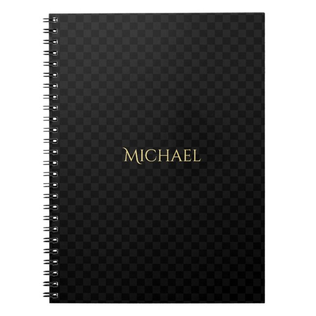 Personalised Faux Gold Name Black Check Pattern Notebook (Front)