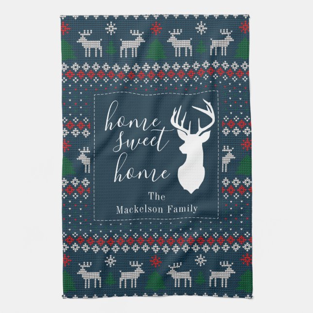 Personalised Faux Knitting Pattern Christmas Tea Towel (Vertical)