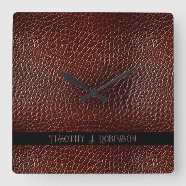 Personalised Faux Leather Brown Embossed Square Wall Clock (Front)