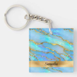 Personalised Faux Opal Stone and Gold Key Ring