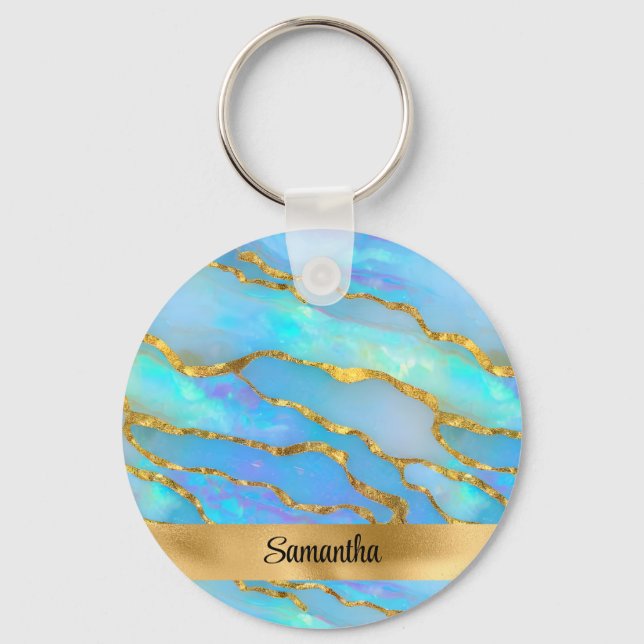Personalised Faux Opal Stone and Gold Key Ring (Front)
