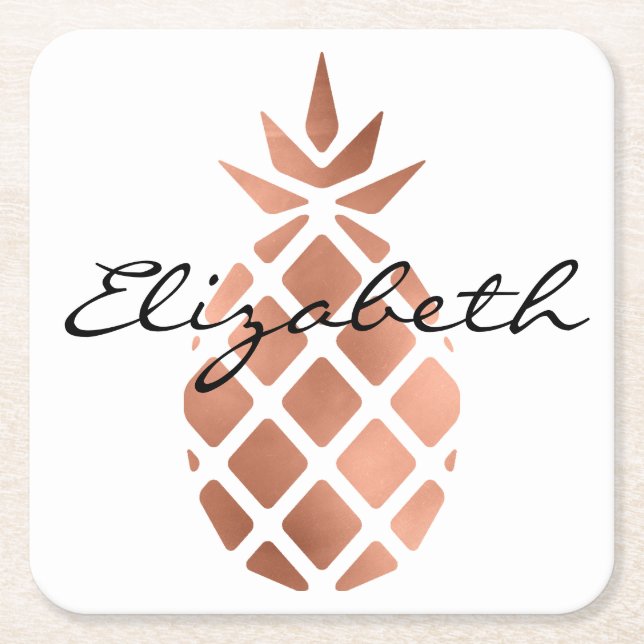 Personalised Faux Rose Gold Foil Pineapple Square Paper Coaster (Front)
