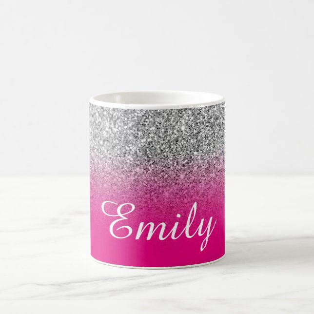 Personalised Faux Silver Hot Pink Ombre Glitter Coffee Mug (Center)