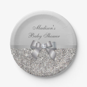 Personalised Faux Silver Sequins Bow Baby Shower Paper Plate