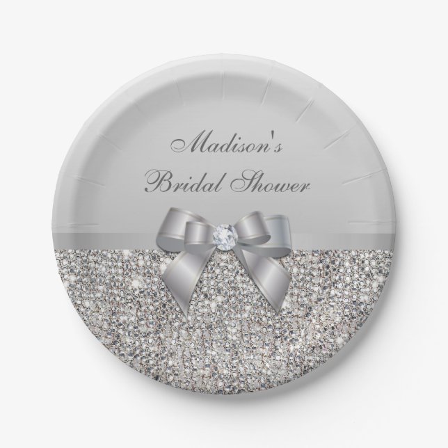 Personalised Faux Silver Sequins Bow Bridal Shower Paper Plate (Front)