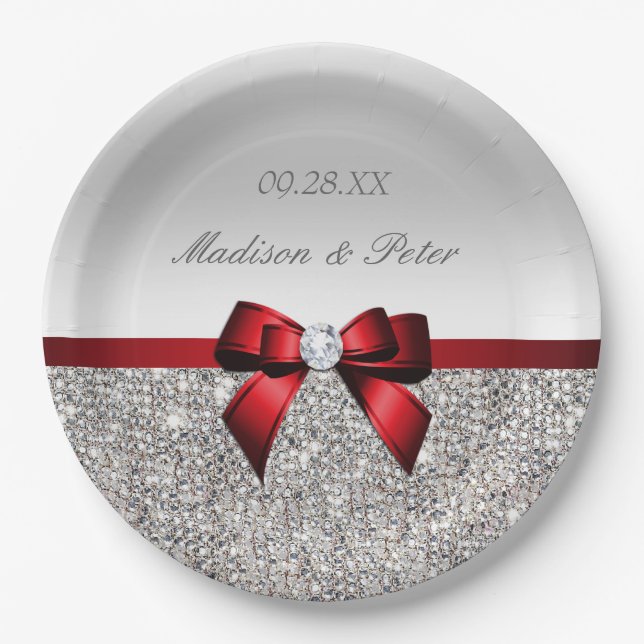 Personalised Faux Silver Sequins Red Bow Wedding Paper Plate (Front)