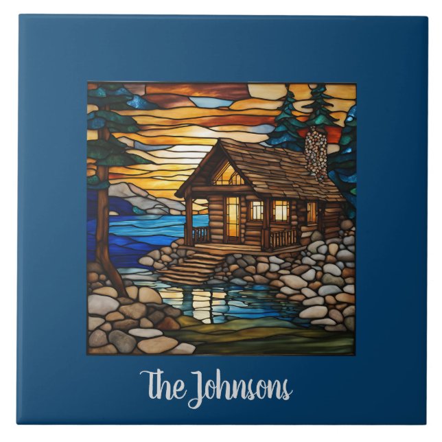 Personalised Faux Stained Glass Cabin Landscape Ceramic Tile (Front)