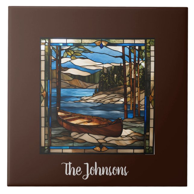 Personalised Faux Stained Glass Canoe Landscape Ceramic Tile (Front)