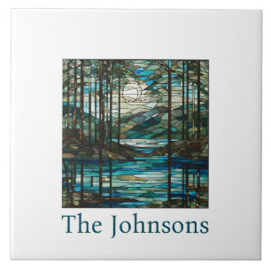 Personalised Faux Stained Glass Lake Landscape Ceramic Tile