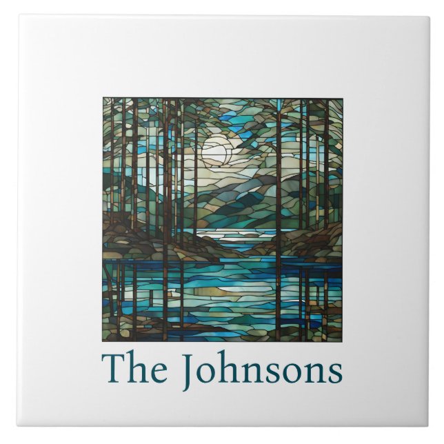 Personalised Faux Stained Glass Lake Landscape Ceramic Tile (Front)