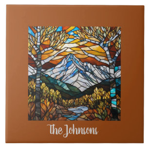 Personalised Faux Stained Glass Mountain Landscape Ceramic Tile