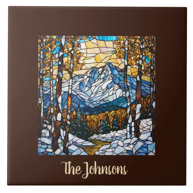 Personalised Faux Stained Glass Mountain Landscape Ceramic Tile (Front)