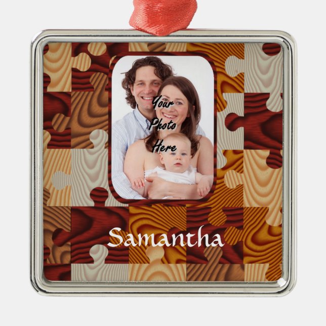 Personalised faux wood jigsaw metal ornament (Front)