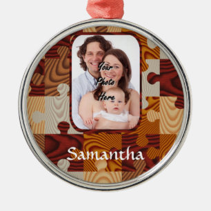 Personalised faux wood jigsaw metal tree decoration