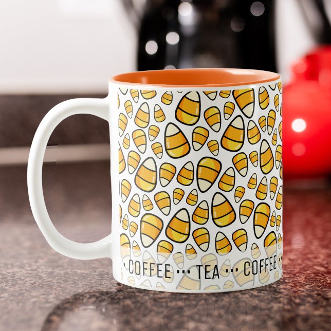 Personalised Favourite Drinks Candy Corn Pattern Two-Tone Coffee Mug (Have a whimsical candy corn pattern with your favorite words at the bottom around the mug.)