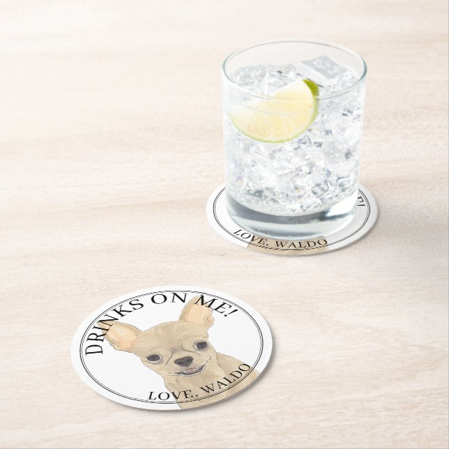 Personalised Fawn Long Haired Chihuahua Wedding Round Paper Coaster (Insitu)