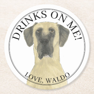 Personalised Fawn Masked Great Dane Wedding Round Paper Coaster