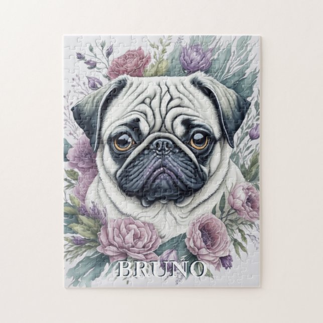 Personalised Fawn Pug Watercolor Floral Jigsaw Puzzle (Vertical)