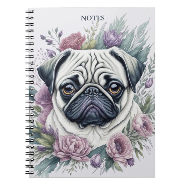 Personalised Fawn Pug Watercolor Floral Notebook (Front)