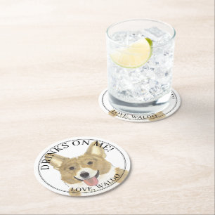 Personalised Fawn & White Corgi Dog Wedding Round Paper Coaster
