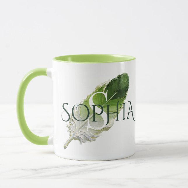Personalised Feather Monogram Sage Green Mug (Left)