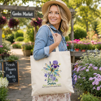 Personalised February Birth Flower Iris Dragonfly Tote Bag