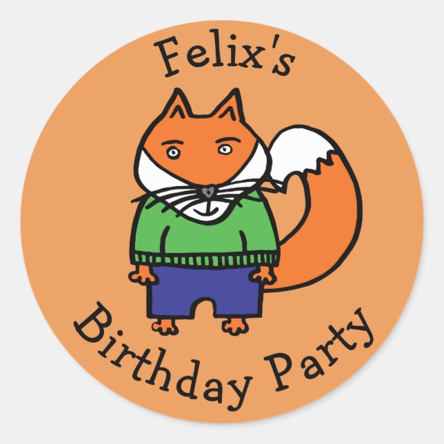 Personalised Felix the Fox Birthday Party Classic Round Sticker (Front)