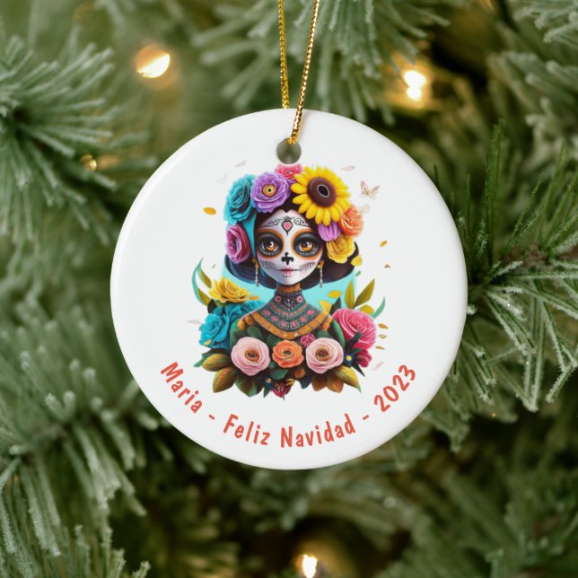 Personalised Feliz Navidad De Los Muertos Ceramic Ornament (Tree)
