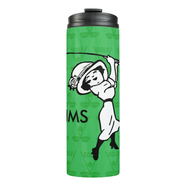 Personalised female golf cartoon golfer thermal tumbler (Front)
