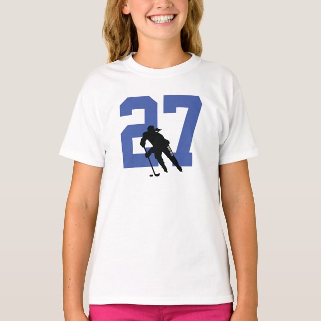 Personalised Female Hockey Player Name Number Blue T-Shirt (Front)