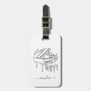 Personalised Female Piano Player Line Drawing Luggage Tag