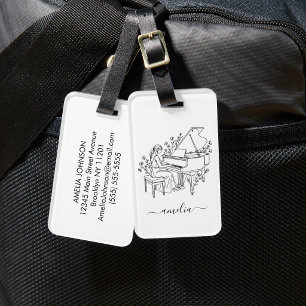 Personalised Female Piano Player Line Drawing Luggage Tag